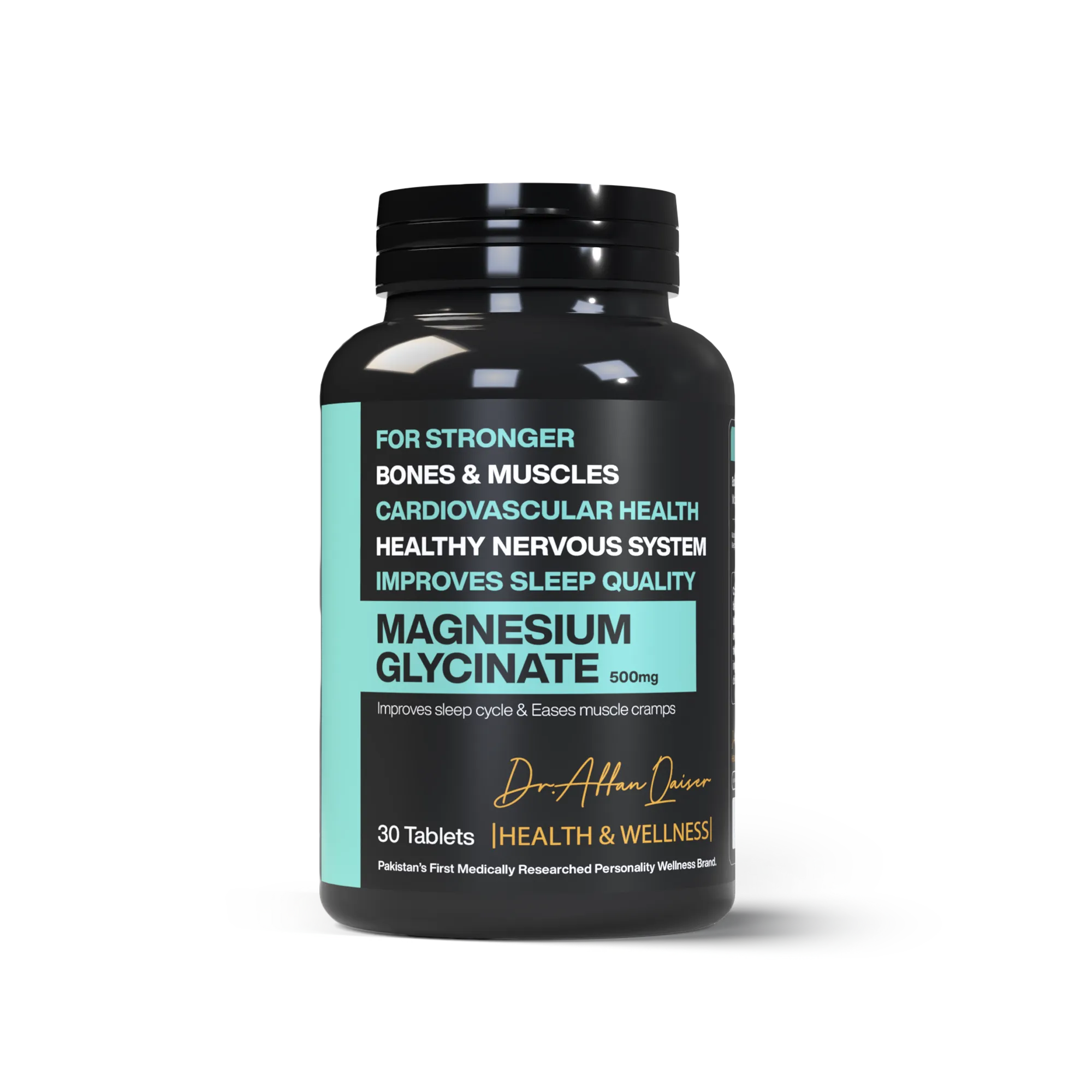 Magnesium Glycinate 500mg supplement bottle by Dr. Affan Qaiser Health & Wellness – high-absorption magnesium tablets for relaxation, muscle strength, and overall wellness, 30 tablets pack.
